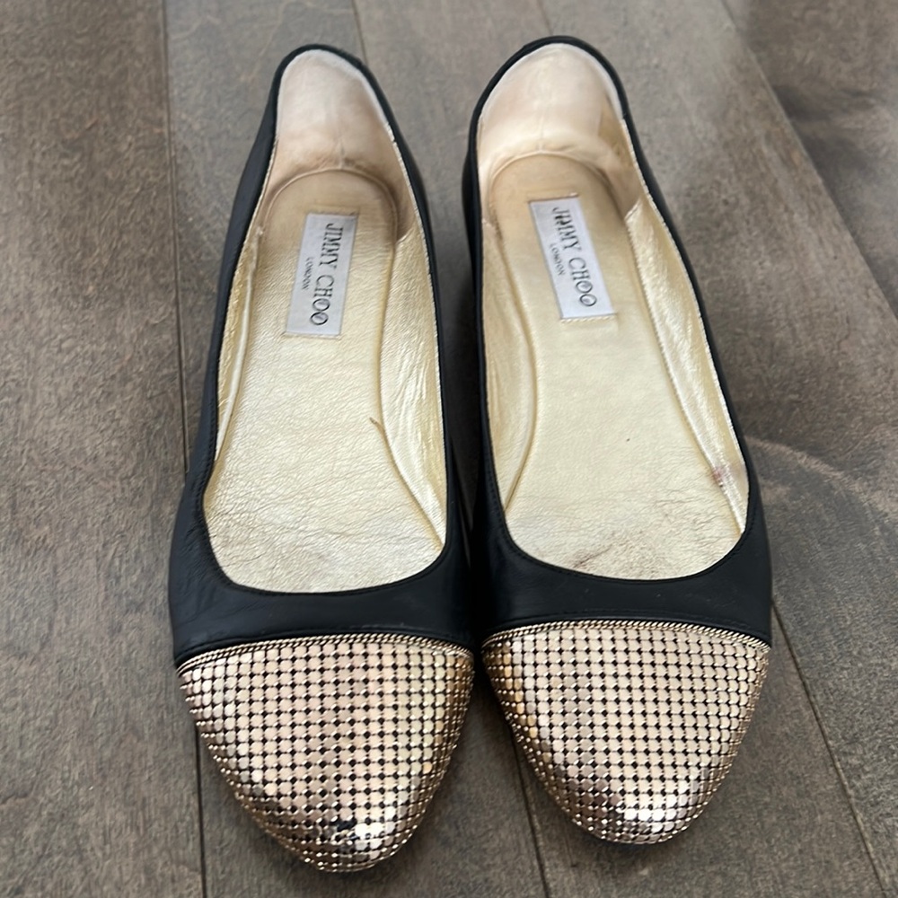 Authentic Jimmy Choo Waine Leather Mesh Toe Ballet Flats in Black and Gold